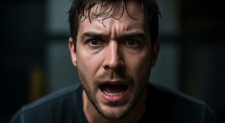 Fototapeta premium Intense Close-Up of Man's Face Conveying Shock and Disbelief with Open Mouth and Furrowed Brow