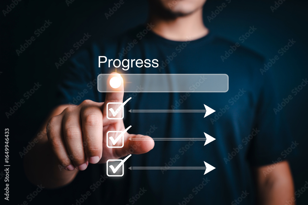 Aufkleber man touching progress bar with completed checkmarks and arrows illustrating advancement and achievem