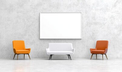 Minimalist interior two orange chairs flank a white loveseat before a textured gray wall with a blank white frame. A shiny floor reflects the simple furniture arrangement