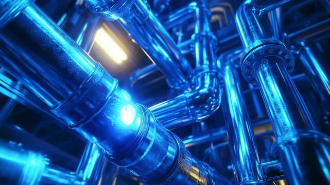 a series of blue pipes in a construction industry