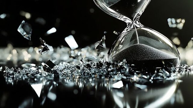 Shattered Time: Hourglass Breaks Amidst Black Sand and Glass Shards