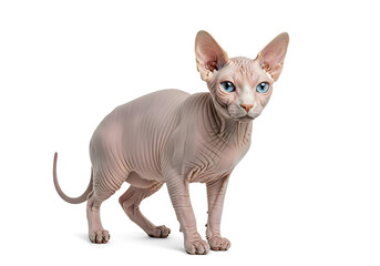 A sphynx cat standing on a white background with blue eyes and large ears looking at the camera