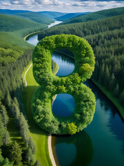 August ninth forest day usa celebration with a large green number nine surrounded by rolling hills trees and a winding river under a cloudy sky