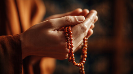 A detailed, close-up shot of a devotee's hand holding and counting mala beads. The image is clean and simple, highlighting a key tool for meditation and the repetitive, mindful nature of the practice.