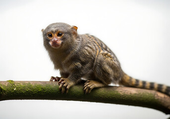 Pygmy marmoset perched on a branch with a white background looking directly at the camera lens