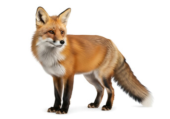 Fototapeta premium A full body shot of a red fox standing against a plain white background in a studio setting looking left