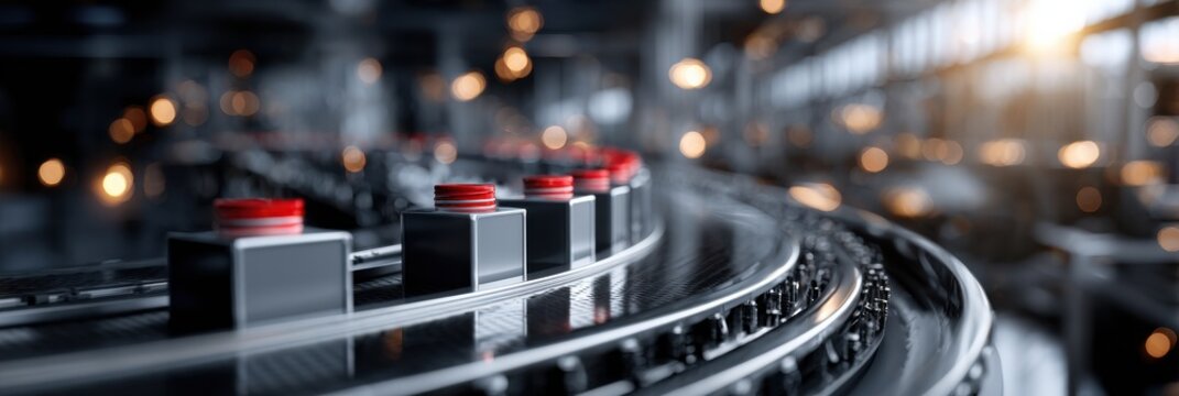 A factory with a conveyor belt and red buttons