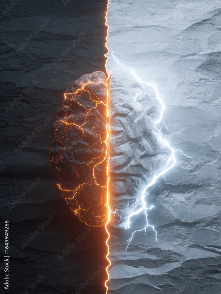 Poster creative representation of a brain split between fire and ice with detailed textures