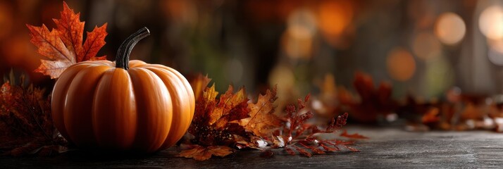 A pumpkin is sitting on a table with some leaves