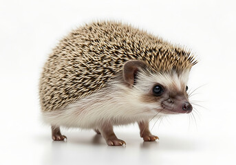 Obraz premium A close up of a small hedgehog with brown and white quills standing on a white surface looking ahead