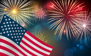 Photo of american flag waving against a backdrop of colorful fireworks illuminating the night sky, celebrating independence and national pride