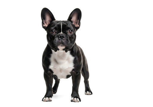 A black and white french bulldog standing on a white background looking directly at the camera lens