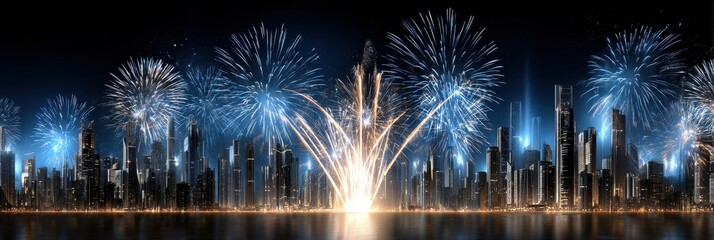 A city skyline with fireworks in the background