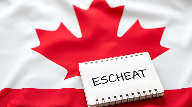 Against the background of the flag of Canada lies a notebook with the inscription - ESCHEAT