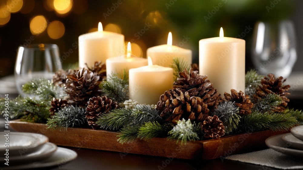 Poster a table with candles and pine cones on it