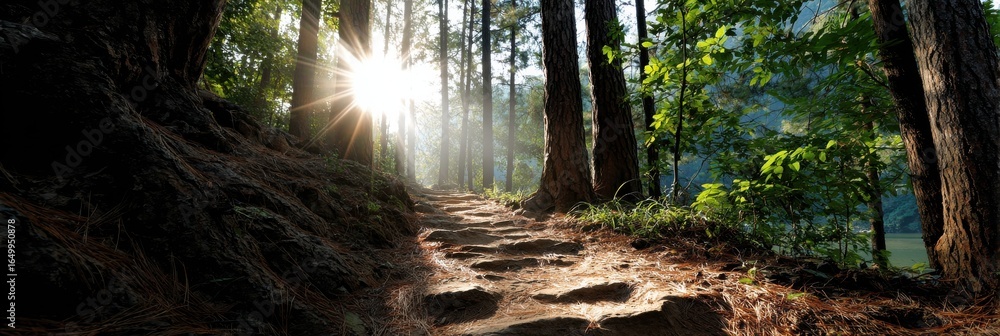Poster a path through a forest with a sun shining through the trees