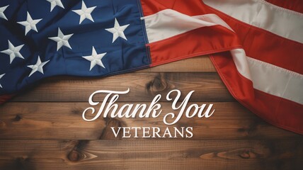 Photo of thank you veterans text overlay on a rustic wooden background with the american flag draped across the top corner, symbolizing gratitude and respect for military service