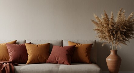 Sofa pillow cushion decor interior home cozy comfort autumn texture fabric pampas grass detail closeup furniture living room beige orange terracotta