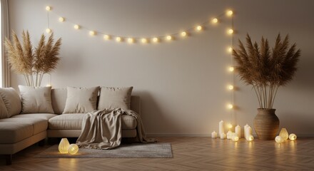 Interior background mockup wall cozy light holiday christmas new year party decor romantic hygge design empty space celebration festive apartment home