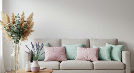 Interior design livingroom home furniture sofa cushion background decor wall style house room apartment plant pastel color concept vase