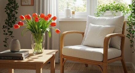 Interior design home room cozy corner reading chair wood furniture table flower tulip vase book window light decor style comfort
