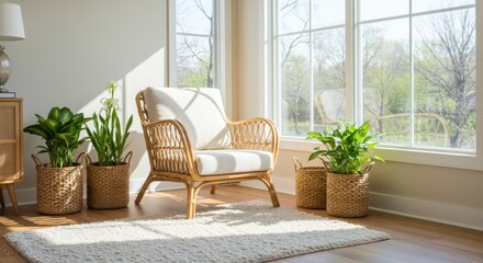 Interior design room home biophilic plant houseplant urban jungle green rattan chair furniture window light sun cozy decor style natural