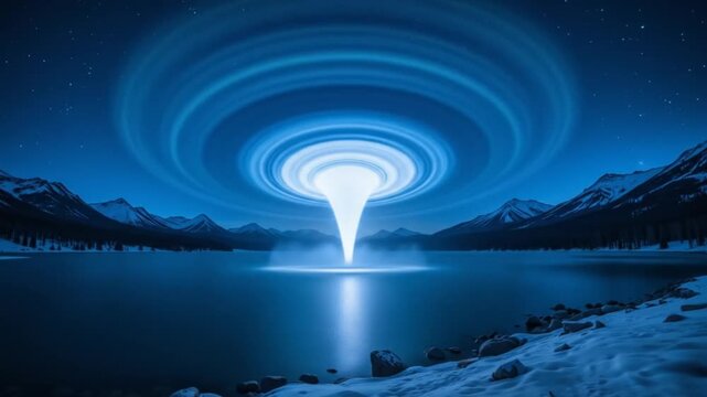 Swirl of Light Over a Snowy Mountain Lake at Night. 4k video