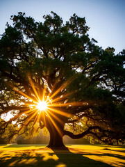 Majestic Oak Tree Bathed In Golden Sunlight Rays
