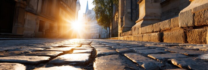 A street with a brick sidewalk and a tree in the middle