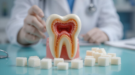 Model of tooth with cavities and sugar cubes placed on table. Dentist explains harmful effects of sugary snacks on dental health. Slow motion