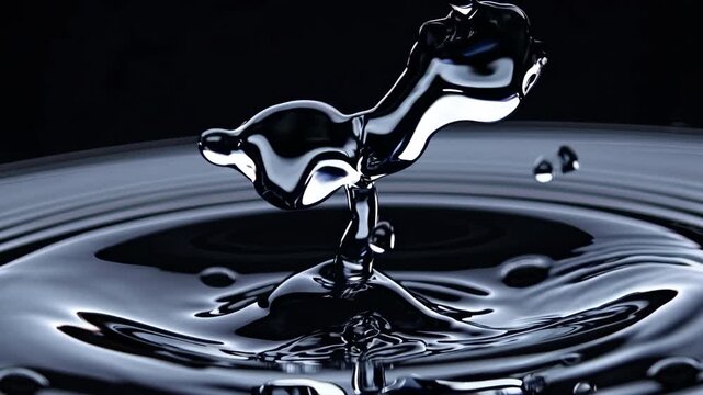 Macro close-up of two water droplets colliding in mid-air, forming abstract splash shape with ripples on surface, crystal-clear liquid detail against black background