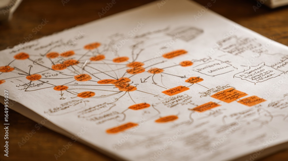 Poster mind map showing connections and ideas for a research project on a wooden table in a study
