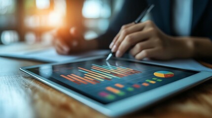 Close-up of hands reviewing charts on a tablet