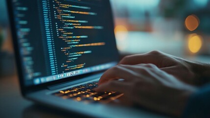 Close-up of hands typing code on a laptop at night (1)