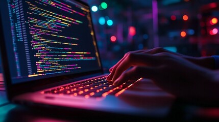 Close-up of hands typing code on a laptop at night. Colorful coding display