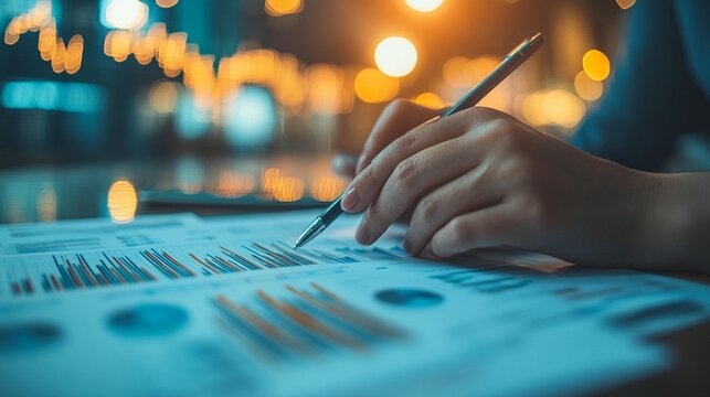 Close-up of hands reviewing graphs and charts at night
