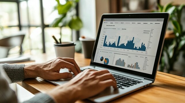 Close-up of hands typing on a laptop displaying financial graphs