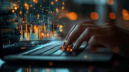 Close-up of hands typing on a laptop with abstract data overlay