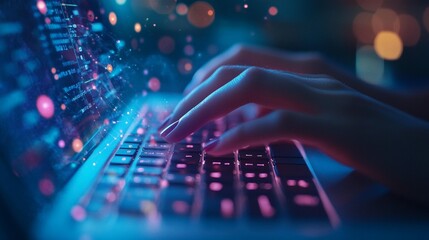 Close-up of hands typing on a laptop with glowing data overlay