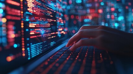 Close-up of hands typing on a laptop with vibrant glowing code on the screen