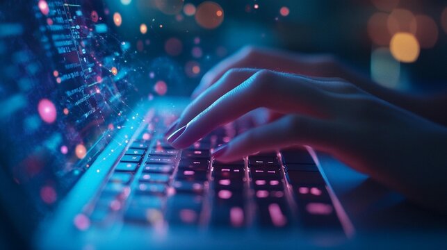 Close-up of hands typing on a laptop with glowing data overlay