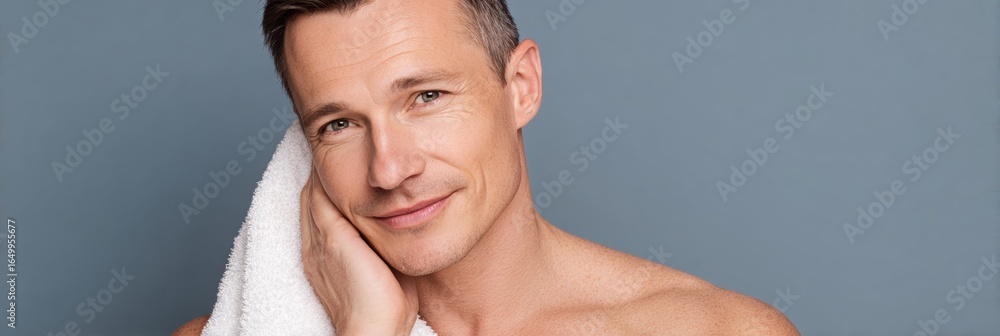 Poster man with a towel enjoying a relaxed moment against a simple blue background while showing a friendly
