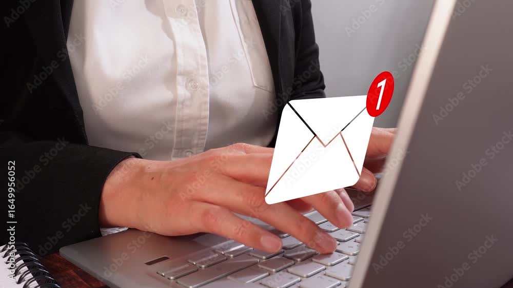 Poster email communication. close-up of female hands in action on the keyboard, with an animation of an ema