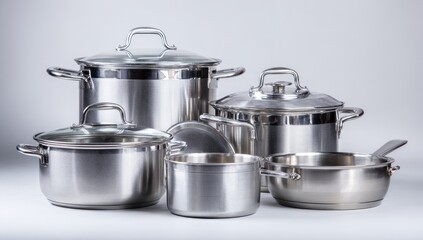 Stainless steel cookware set.  Various sizes and shapes of pots and pans with lids.  Modern, minimalist style.  Against a plain light gray background