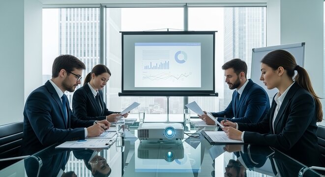 Business team in a meeting analyzing data and reviewing financial reports