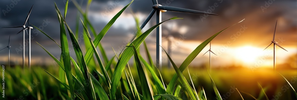 Poster a field of grass with a few wind turbines in the background