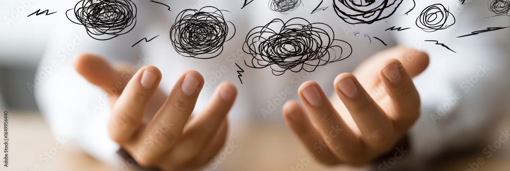Poster hands reaching out towards abstract thoughts depicting confusion and chaos in a contemplative moment
