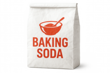 Paper bag of baking soda with red logo and transparent background, ideal for baking and cooking