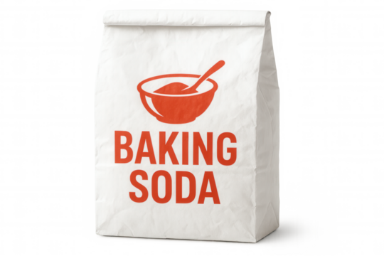 Paper bag of baking soda with red logo and transparent background, ideal for baking and cooking