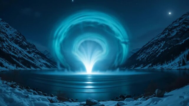 Swirl of Light Over a Snowy Mountain Lake at Night. 4k video